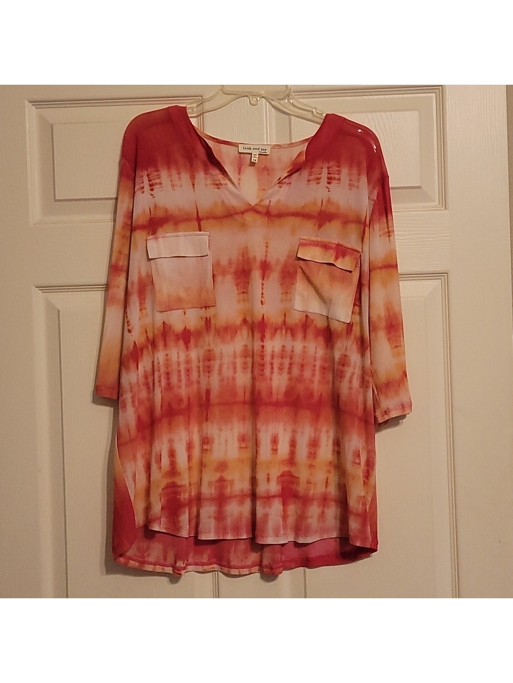 Faith and Joy Women's Pink and Orange V-Neck Lightweight Blouse with 3/4 Sleeves